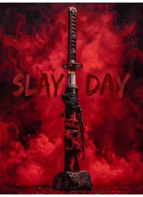 Japanese Katana Sword Poster - "Slay Day" Red Smoke Samurai Decor