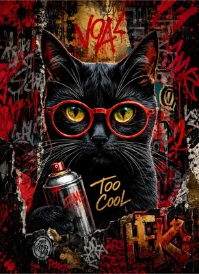 Urban Graffiti Black Cat Poster - "Too Cool" Street Art Poster with Red Glasses