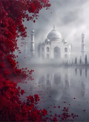 Mystic Taj Mahal Poster - Red Floral Landscape & Water Reflection Photo Print