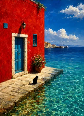 Mediterranean Coastal Poster - Vibrant Red House with Blue Door Poster, Black