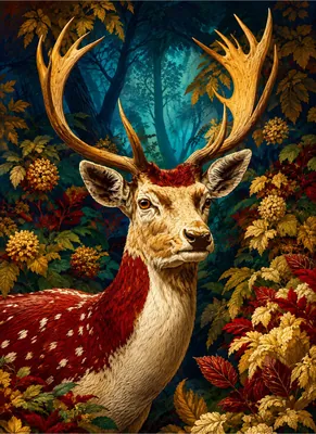 Majestic Stag Poster - Red and Gold Autumn Forest Deer Print - Fantasy Wildlife