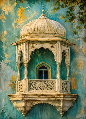 Vintage Indian Jharokha Poster - Traditional Rajasthani Balcony Painting Print