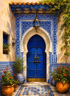Moroccan Blue Door Poster, Islamic Architecture Print, Chefchaouen Street