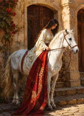 Elegant Woman on White Horse Poster - Romantic Renaissance Style Fine Art Print