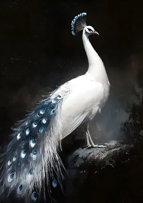 Majestic White Peacock Poster - Moody Fine Art Bird Painting Print for Living