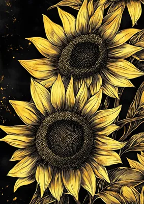 Golden Sunflower Poster – Elegant Modern Botanical Line Art Print on Dark