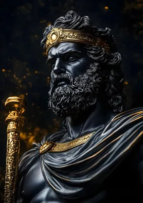 Regal Greek God Black & Gold Statue Poster – Classical Mythology Sculpture