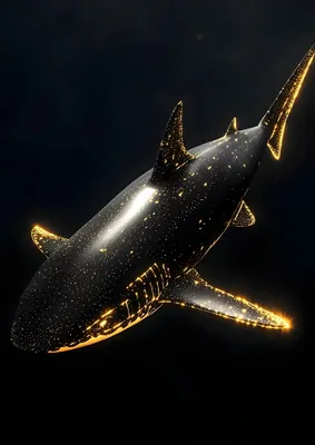 Golden Glowing Celestial Shark Poster – Modern Black & Gold Marine Life Poster
