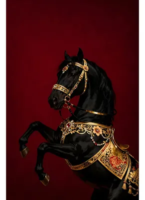 Regal Black Horse Portrait Poster – Ornate Gold & Red Equestrian Artwork