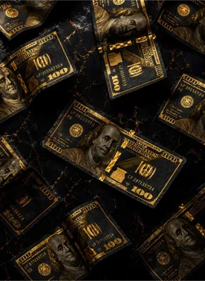 Black & Gold $100 Bills Poster – Benjamin Franklin Money Print, Dark Luxury
