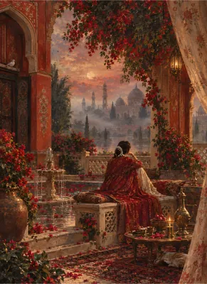 Woman in Red on an Ornate Palace Terrace at Sunset – Romantic Red & Gold