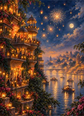 Festive Indian Riverside Night Poster Art – Illuminated Architecture, Fireworks