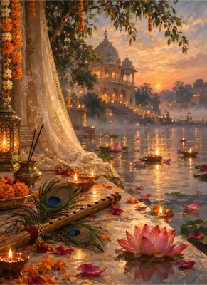 Festive Riverside Temple Oil Painting with Diyas, Lotus, Flute & Peacock