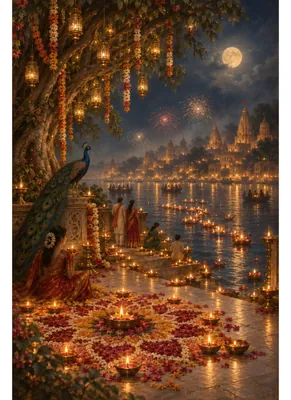 Moonlit Diwali River Celebration with Diyas, Peacock & Temple Skyline – Warm