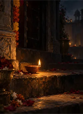 Warm Diya on Stone Steps Poster – Moody Indian Night Scene with Marigold