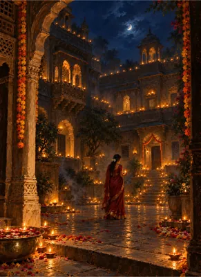 Moonlit Diwali Courtyard Poster – Woman in Red Saree, Glowing Diyas & Ornate