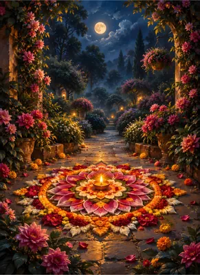 Full Moon Night Garden with Lit Oil Lamp and Floral Mandala Poster