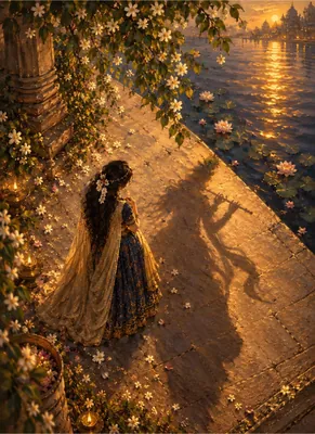 Golden Sunset Riverside Woman with Flute-Player Shadow – Romantic Floral
