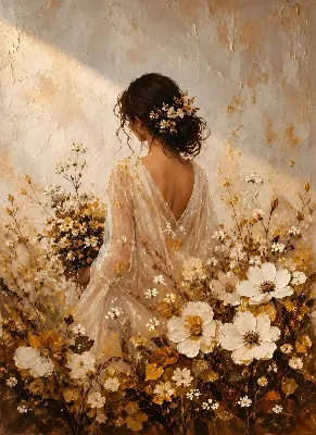 Woman in Golden Wildflower Meadow poster - Elegant White Floral Portrait