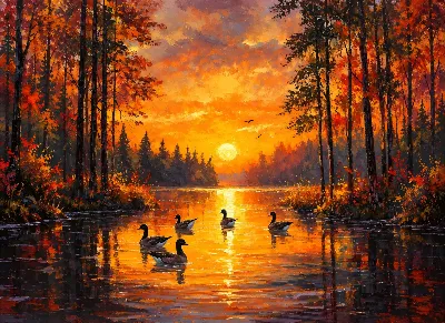 Autumn Lake Sunset Ducks poster for Living Room