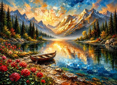 Mountain Lake Sunrise Boat poster for Living Room
