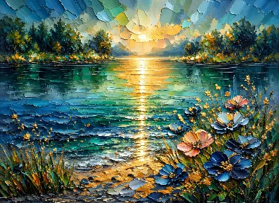 Blue Lake Sunset Wildflowers poster for Living Room — Poster