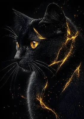 Black Cat poster – Profile View with Golden Sparks & Glowing Yellow Eyes