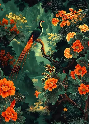 Long-Tailed Bird with Orange Flowers poster – Botanical Forest Print