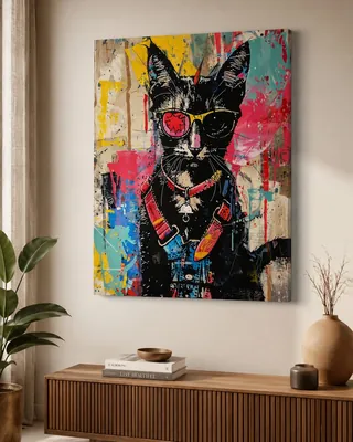 Punk rock black cat graffiti canvas wall art for living room, buy in India