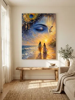 Radha and Krishna walking on a sunset beach with divine Krishna face in the sky — canvas wall art