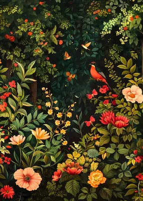 Red Bird in Enchanted Garden poster