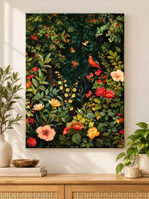 Small red bird in a lush magical garden with butterflies and flowers — canvas wall art