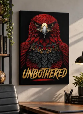 Front-facing red and black eagle with gold accents and intense golden eyes above bold gold “UNBOTHERED” text on a black background.