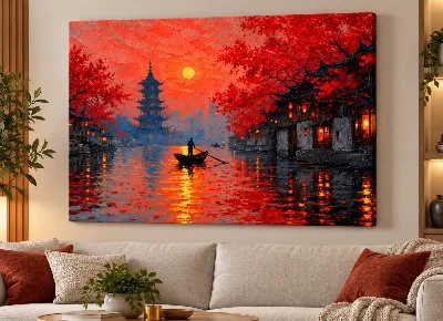 Red sunset China water town canvas wall art with pagoda and boat