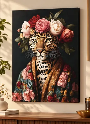 Front-facing spotted leopard wearing an ornate floral garment and surrounded by large pink, cream and red flowers against a dark background.