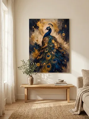 Royal blue peacock with fanned gold and blue tail on abstract gold circle background — canvas wall art