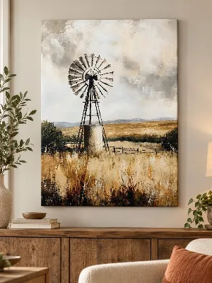 Rustic canvas wall art of a windmill in a golden wheat field