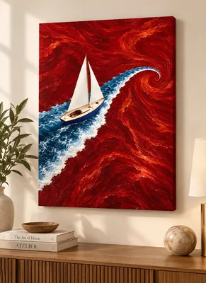 Sailboat on red swirling ocean canvas wall art with blue wake for living room