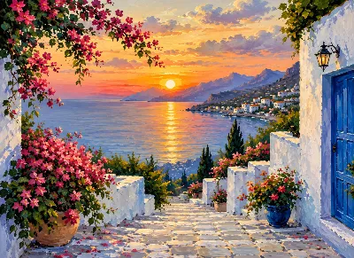 Santorini Sunset Coastal poster for Living Room
