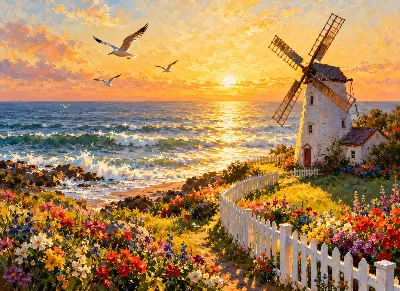 Seaside Windmill Sunset poster for Living Room