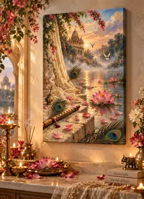 Ornate temple beside a lotus pond at golden sunset with a wooden flute, peacock feathers, white doves, pink flowers, incense smoke, and flowering vines.
