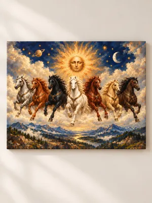 Seven horses galloping through clouds beneath a radiant sun face in a starry cosmic sky