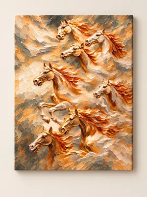 Seven golden horses galloping impasto canvas painting in warm amber tones