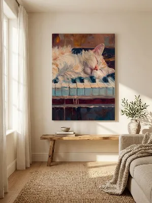 Sleeping Cat on Piano Keys Cream Brown Canvas Wall Art for Living Room | Buy Online India