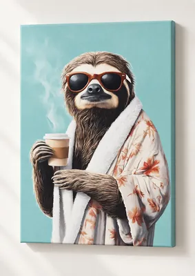 Brown sloth wearing dark sunglasses and a cream floral robe, holding a takeaway coffee against a pale blue background.