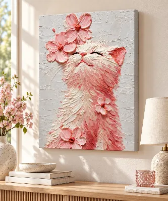 Smiling pink and white kitten with closed eyes surrounded by pink cherry blossom flowers, 3D impasto textured cat painting canvas wall art
