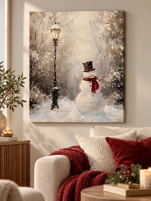 Vintage winter canvas art of a snowman beside a lamppost in snow