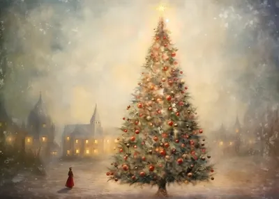 Snowy Town Square Christmas Tree poster