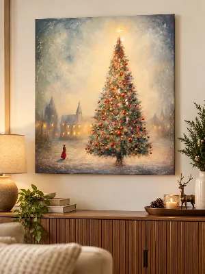 Vintage Christmas canvas of a grand tree in a snowy town square