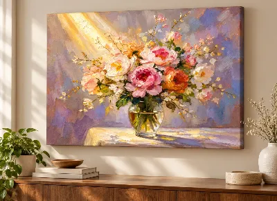 Sunlit peony bouquet canvas wall art in glass vase